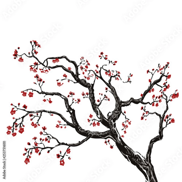Obraz Sakura tree, cherry blossom vector illustration on white background