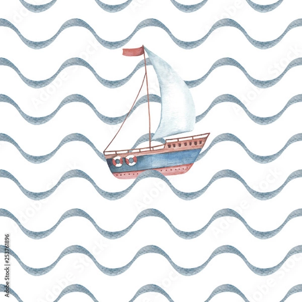 Fototapeta Watercolor sea seamless pattern. The ship sails on the sea towards adventure. Illustration on a white background (out of color). Waiting of summer.