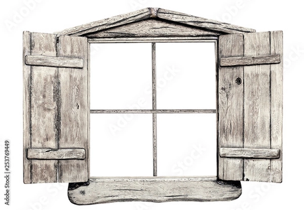 Obraz Old grunge light wooden window frame, isolated on white