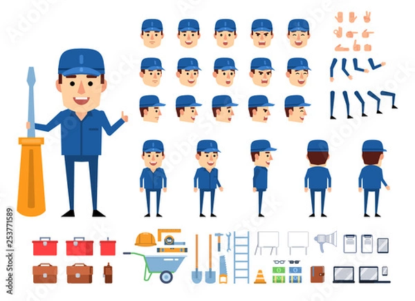 Fototapeta Worker, mechanic, builder in blue uniform creation kit. Create your own pose, action, animation. Various emotions, gestures, design elements. Flat design vector illustration