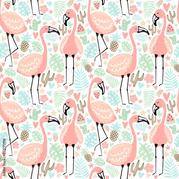 Fototapeta Seamless tropical pattern with flamingos, pineapple, watermelon, strawberry, cacti, leaves, hearts, stars. Vector summer illustration of a flamingo for kids, textiles, background, nursery, birthday
