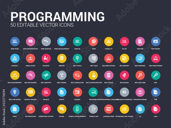 Fototapeta 50 ikon do programowania, takich jak java, js, klawiatura i mysz, landing page, aplikacja mobilna, programowanie mobilne, mysql, system operacyjny, optymalizacja. można używać prostych nowoczesnych izolowanych ikon wektorowych