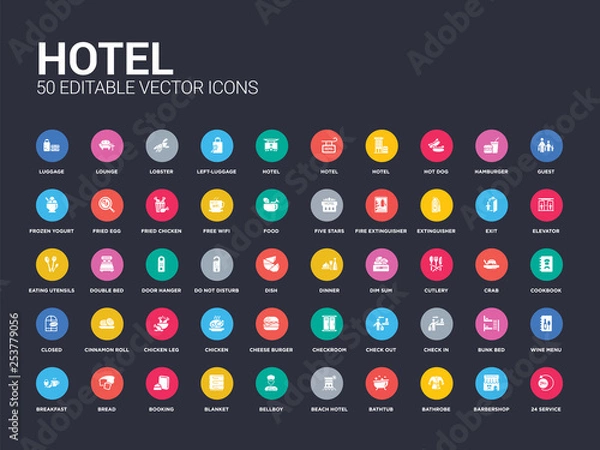 Fototapeta 50 hotel set icons such as 24 service, barbershop, bathrobe, bathtub, beach hotel, bellboy, blanket, booking, bread. simple modern isolated vector icons can be use for web mobile