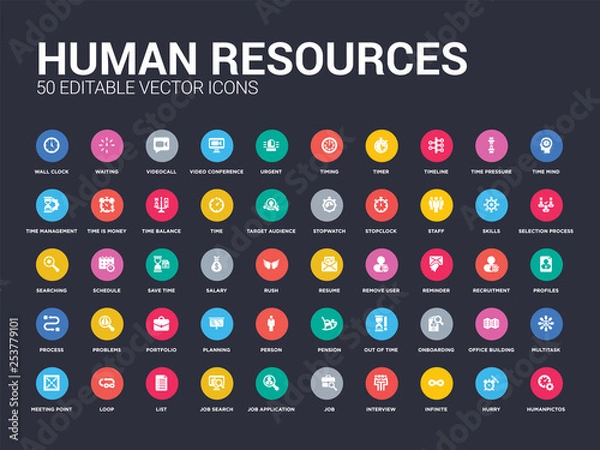 Fototapeta 50 human resources set icons such as humanpictos, hurry, infinite, interview, job, job application, job search, list, loop. simple modern isolated vector icons can be use for web mobile