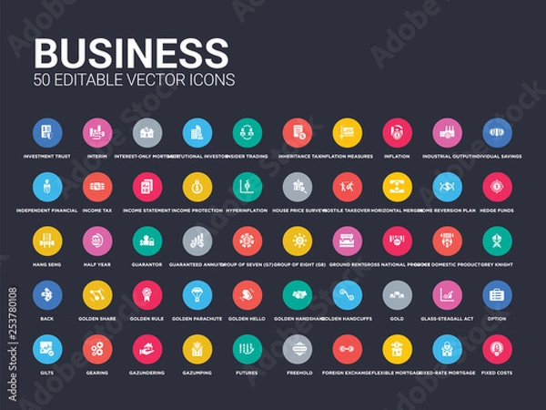 Fototapeta 50 business set icons such as fixed costs, fixed-rate mortgage, flexible mortgage, foreign exchange (forex), freehold, futures, gazumping, gazundering, gearing. simple modern isolated vector icons