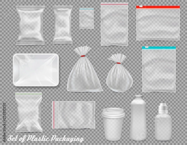 Fototapeta Big set of polypropylene plastic packaging - sacks, tray, cup on transparent background. Vector illustration