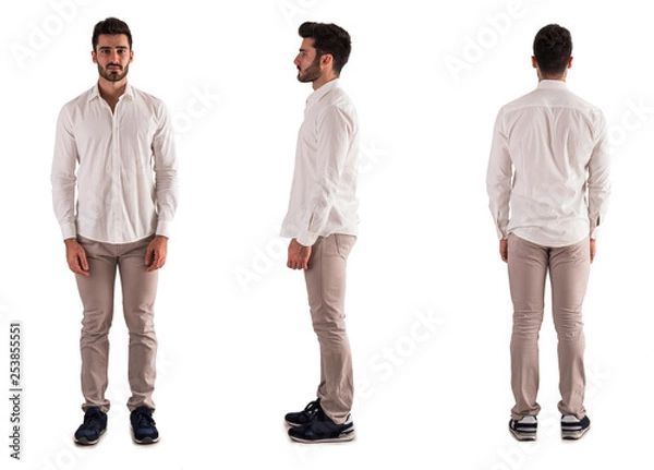 Fototapeta Three views of handsome bearded young man: back, front and profile shot, isolated on white background
