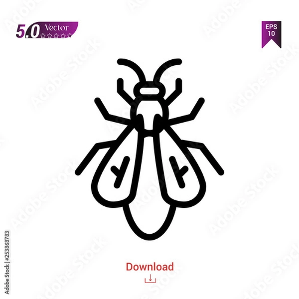 Fototapeta Outline fly icon isolated on white background. insect icons. Graphic design, mobile application, logo, user interface. Editable stroke. EPS10 format vector illustration