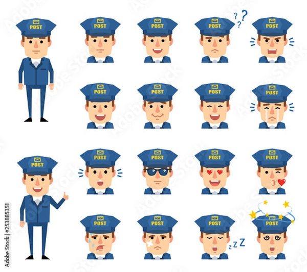 Fototapeta Set of postman emoticons showing various facial expressions. Happy, sad, angry, dazed, surprised, in love, tired and other emotions. Flat design vector illustration