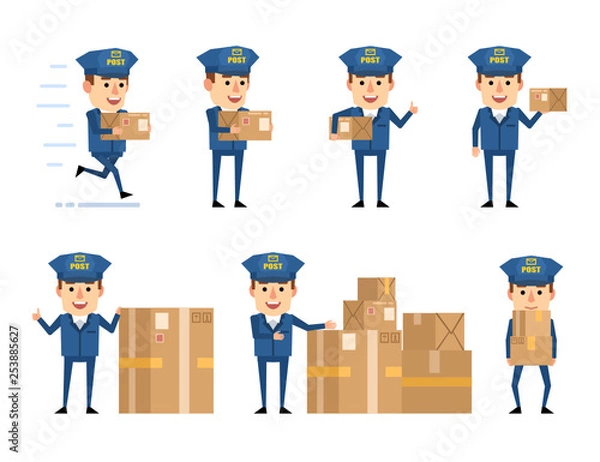 Fototapeta Set of postman characters with parcel box showing diverse actions. Funny postman holding parcel, running and showing other actions. Flat design vector illustration