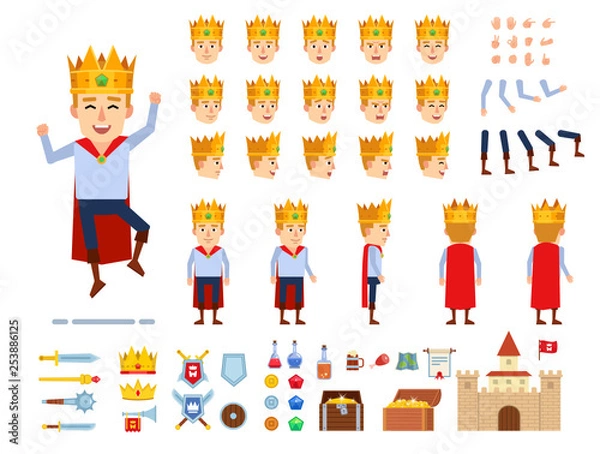 Obraz Young prince creation kit. Create your own pose, action, animation. Various emotions, gestures, design elements. Flat design vector illustration