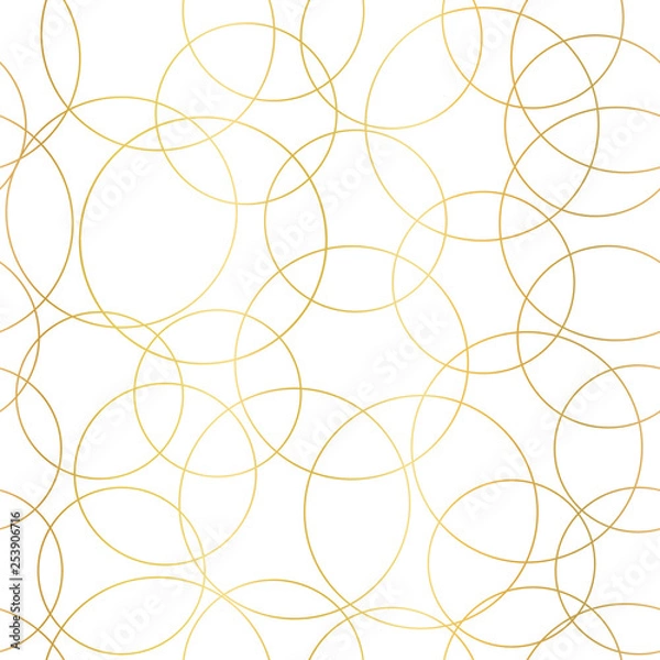 Fototapeta Gold foil circles abstract seamless vector pattern. Modern elegant background shiny golden overlapping circles on white. Design for web banner, blog, wedding, digital paper, celebration, invite