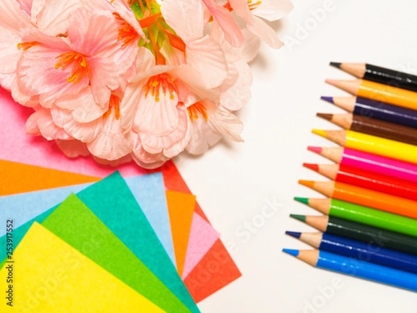 Fototapeta カラフルな文房具と桜