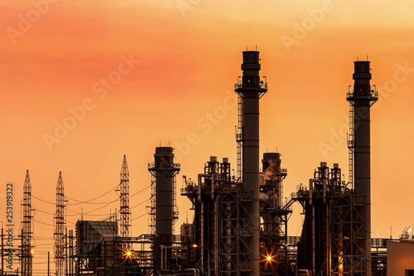 Obraz Gas turbine electrical power plant at dusk with twilight 