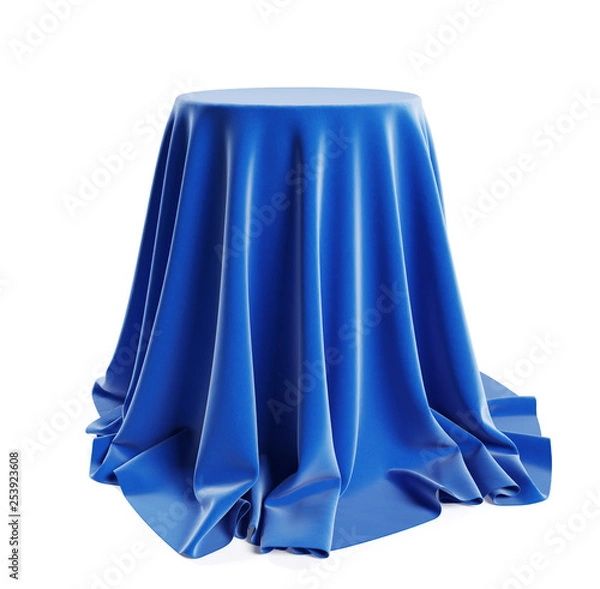 Fototapeta Round podium covered with blue cloth. Isolated on a white background with clipping path. 3d illustration