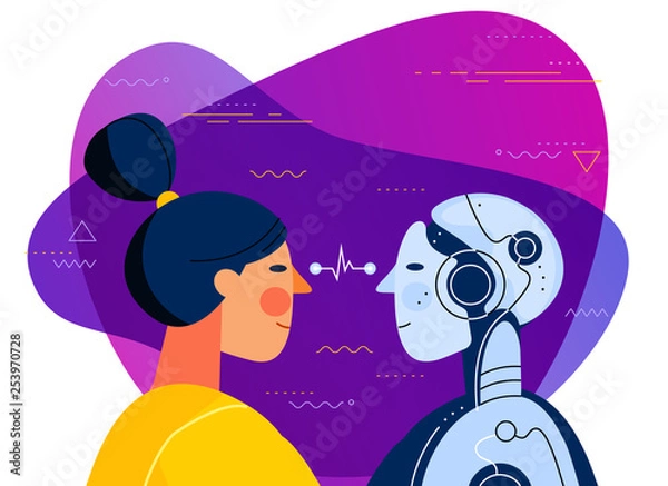 Fototapeta The female human and female robot with artificial intelligence looking at each other. Trendy bright linear illustration