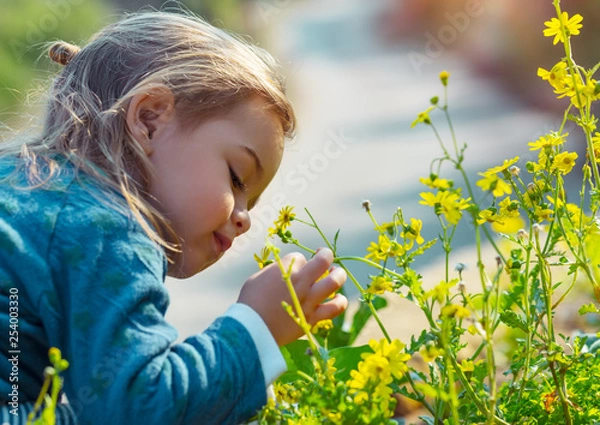 Obraz Little boy enjoying flowers aroma