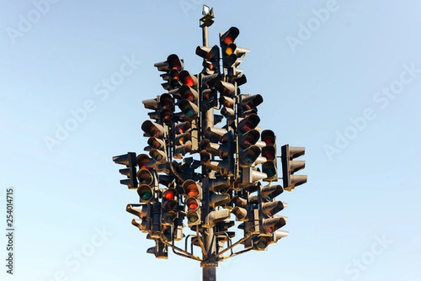 Fototapeta Traffic light tree with lots of lamps under the sky.