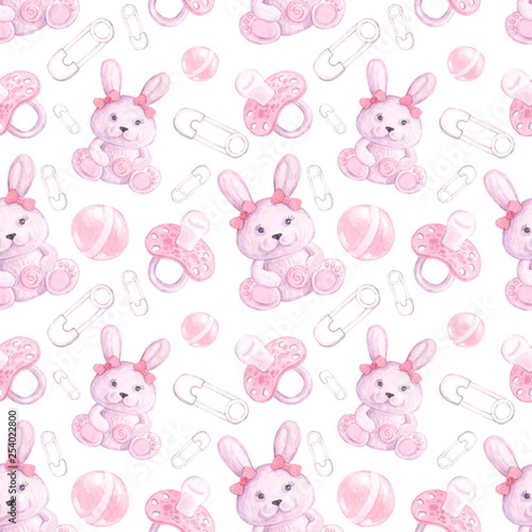 Fototapeta pattern for girls with bunnies, pacifier, ball, pin