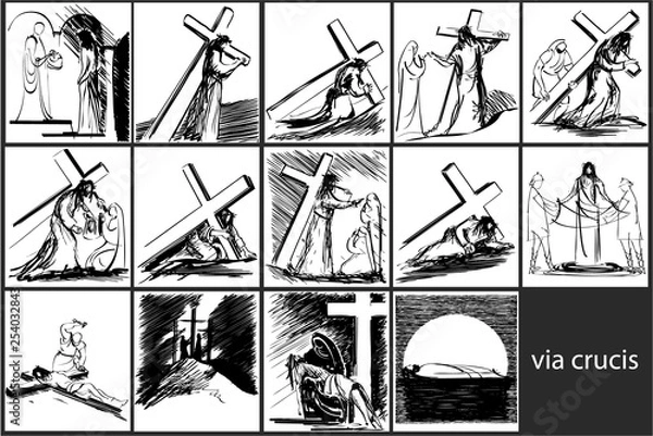Fototapeta  Way of the Cross stations - vector sketch drawing