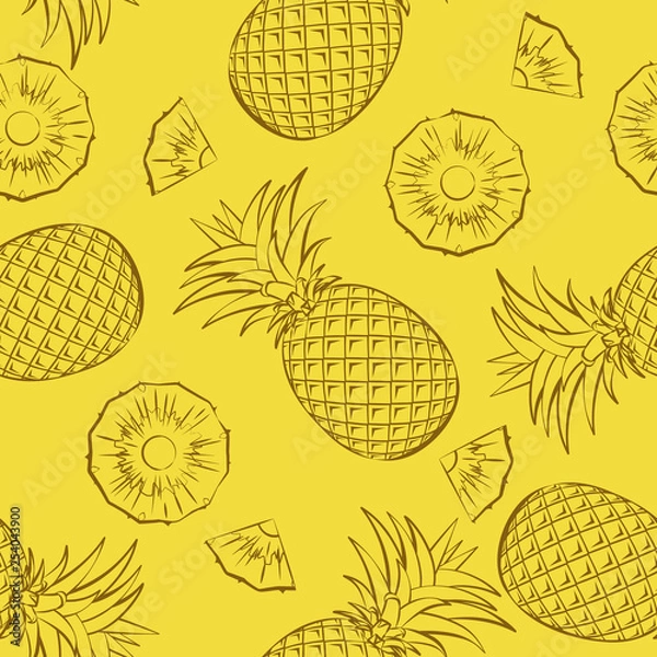 Fototapeta Seamless tropical fruit pattern. Pineapples whole and sliced on a yellow background.
