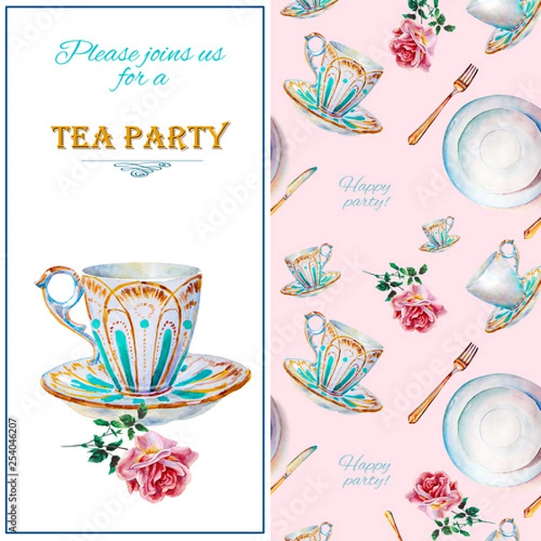 Fototapeta Party colorful tea cups and saucers closeup. Sketch handmade. Postcard for Valentine's Day. Watercolor illustration.