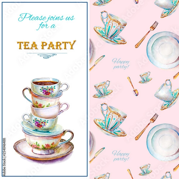 Obraz Party colorful tea cups and saucers closeup. Sketch handmade. Postcard for Valentine's Day. Watercolor illustration.