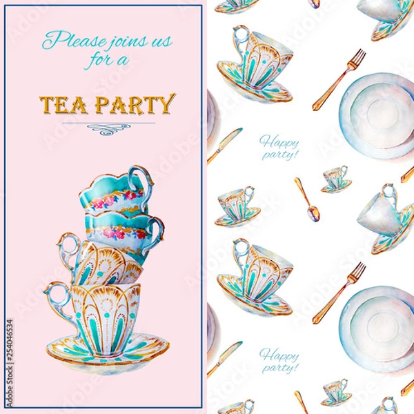 Obraz Party colorful tea cups and saucers closeup. Sketch handmade. Postcard for Valentine's Day. Watercolor illustration.