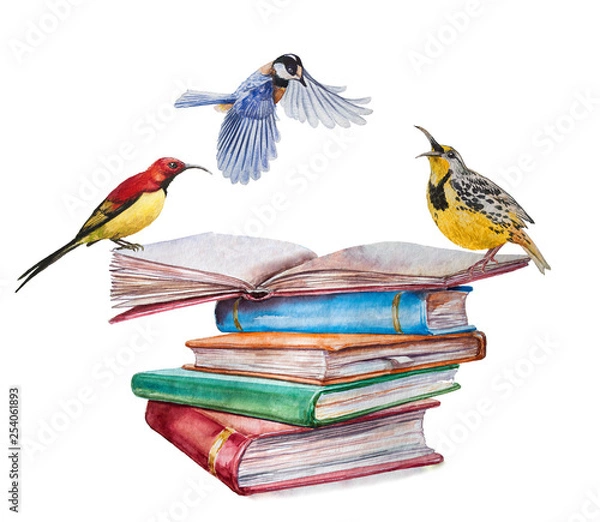 Obraz High books stack isolated on white background with three birds. Sketch handmade. Postcard for holiday. Watercolor illustration.