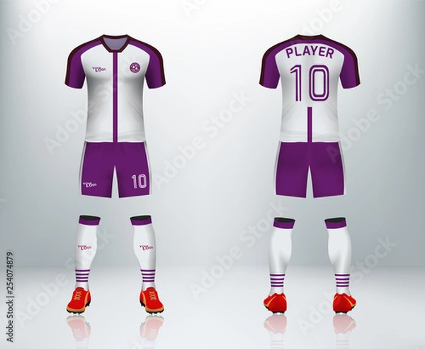 Fototapeta 3D realistic of front and back of white and violet soccer jersey t-shirt with pants and socks on shop backdrop. Concept for soccer team uniform or football apparel mockup template in vector
