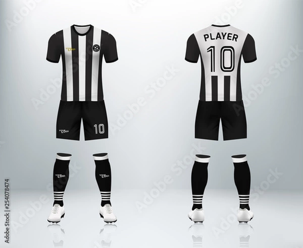 Fototapeta 3D realistic of front and back of black and whit stripe soccer jersey t-shirt with pants and socks on shop backdrop. Concept for soccer team uniform or football apparel mockup template in vector