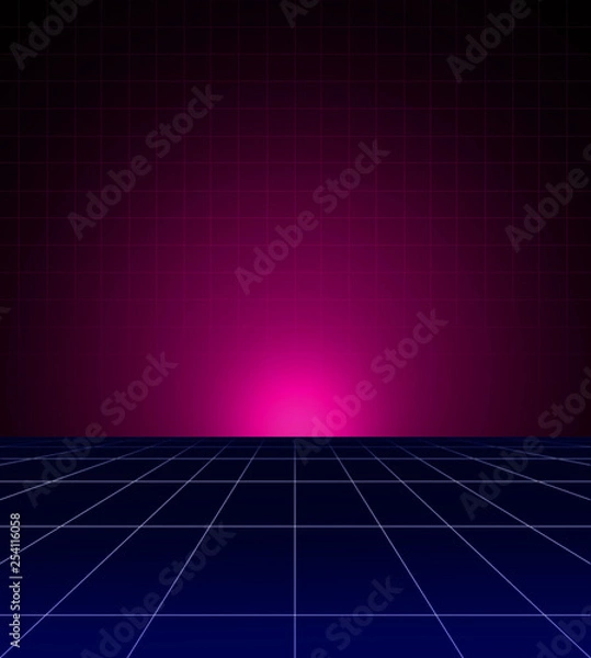 Fototapeta Neon background template. Electric light perspective. Retro computer games, sci-fi technology, vintage graphics and holographic projection concept.