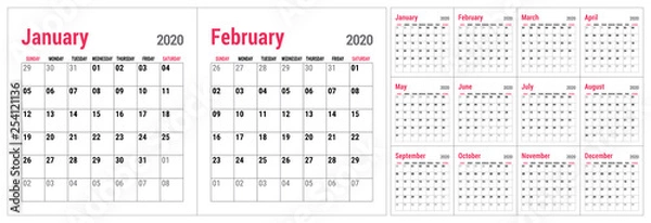 Fototapeta Calendar 2020. English calender template. Vector grid. Office business planning. Simple design