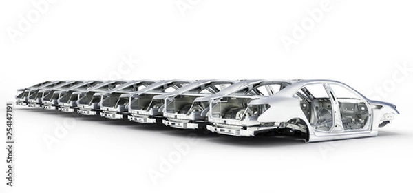 Fototapeta Car bodies lined up in a row isolated on white background 3d illustration