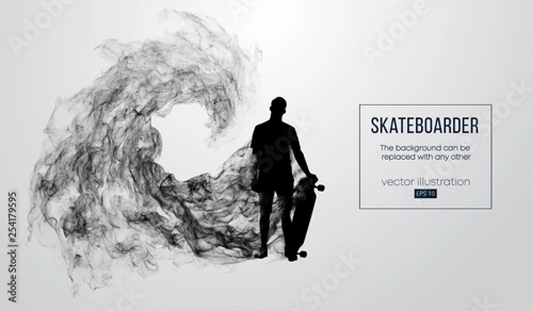 Fototapeta Abstract silhouette of a skateboarder on the white background from particles, dust, smoke, steam. Skateboarder jumps and performs the trick. Background can be changed to any other. Vector illustration