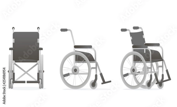 Fototapeta Set of realistic wheelchair. Front, side view. Medical element for disabled people. Vector