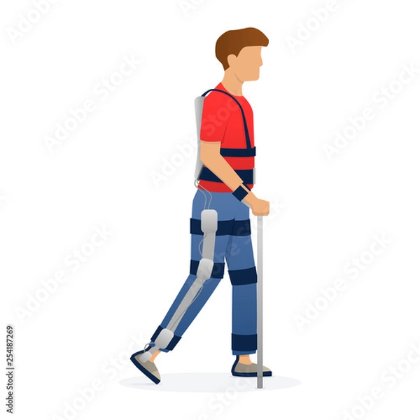 Fototapeta Disabled man walking with medical exoskeleton. Medicine of the future, bionics technology. Vector.