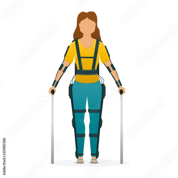 Obraz Disabled woman stay with medical exoskeleton. Medicine of the future, bionics technology. Vector.