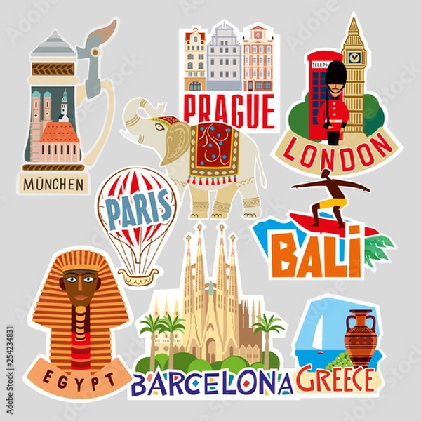 Obraz Set of travel stickers. Different countries and cities. Vector illustration