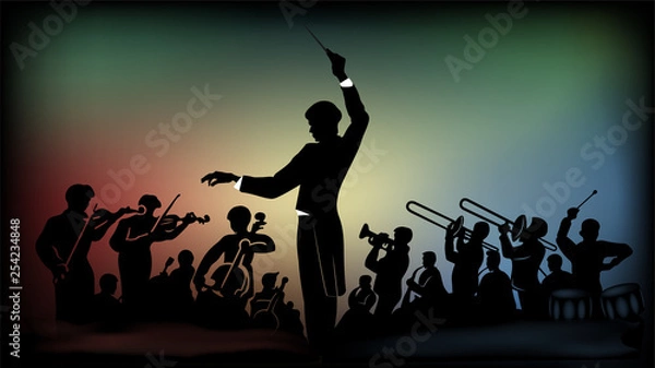 Fototapeta Flat monochromatic silhouette of an orchestra under the direction of a conductor against the background of bright multi-colored spots from spotlights