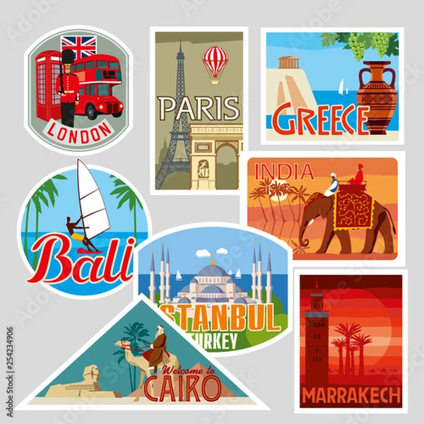 Fototapeta Set of various travel labels. World cities. Vector illustration
