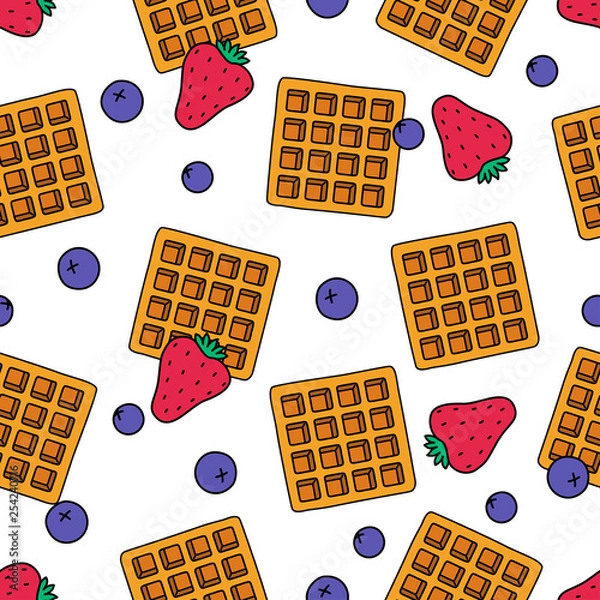 Fototapeta Sweet dessert and fruit seamless pattern cartoon isolated. Fresh belgian waffles, strawberries and blueberries on white background. Vector illustration. For textiles, packaging and website