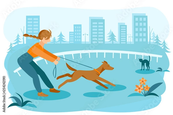 Obraz A girl tries to keep a dog running after a cat on a leash. Walking with a pet in an urban environment. Detailed flat vector illustration