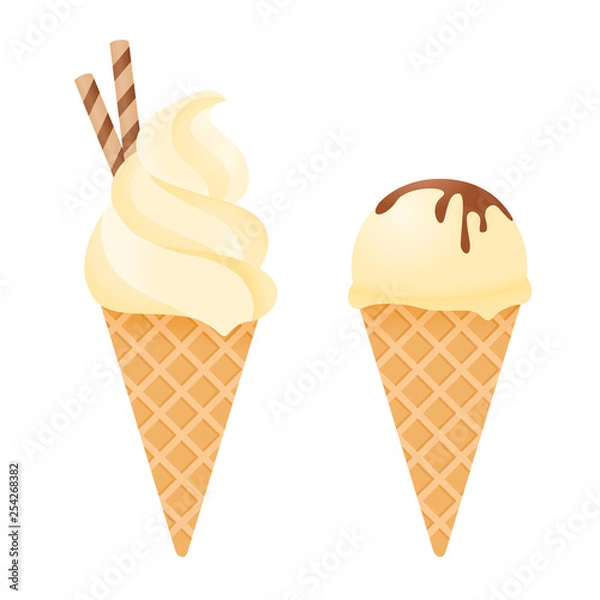 Fototapeta Vanilla Ice cream cone in cartoon style, summer isolated vector illustration