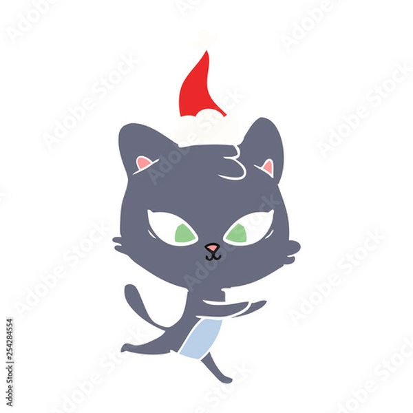 Fototapeta cute flat color illustration of a cat wearing santa hat