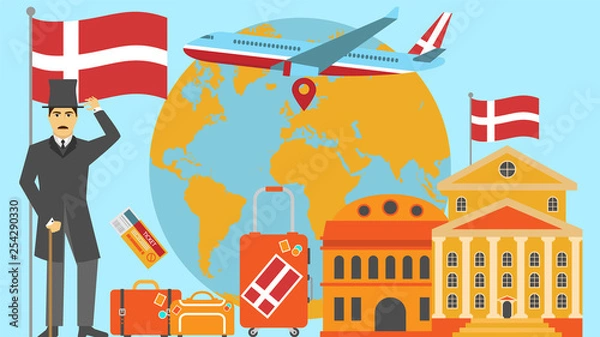 Fototapeta Welcome to Denmark postcard. Travel and safari concept of Europe world map vector illustration with national flag