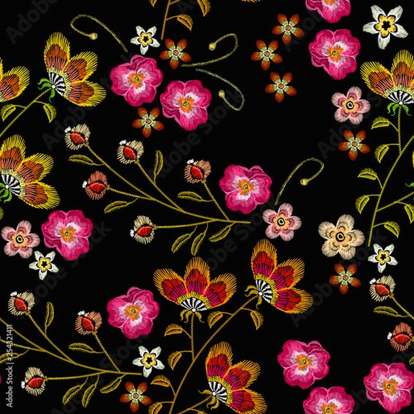 Fototapeta Embroidery flowers seamless pattern. Fashionable template for design of clothes