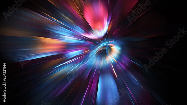 Fototapeta Abstract holiday background with blurred rays and sparkles. Fantastic blue and pink light effect. Digital fractal art. 3d rendering.