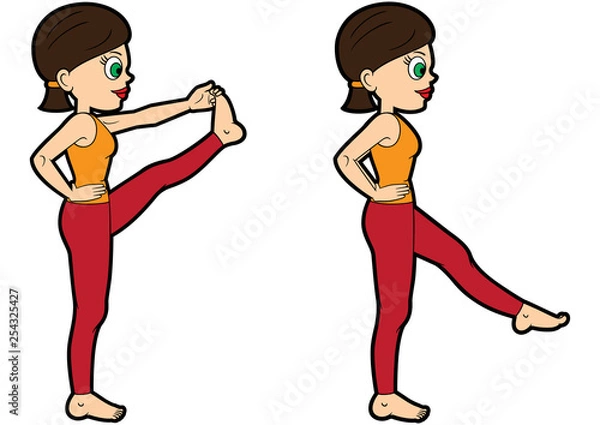 Fototapeta Yoga asana set standing leg forward extension/ Illustration cartoon girl doing utthita hasta padangusthasana variations