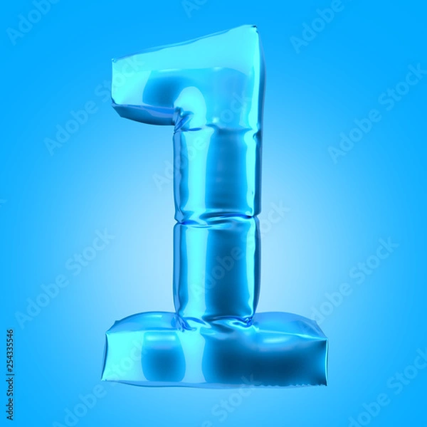 Fototapeta Shiny inflatable number baloon isolated on blue background. Decoration design elements. Traditional xmas and birthday party greeting symbols. Number One